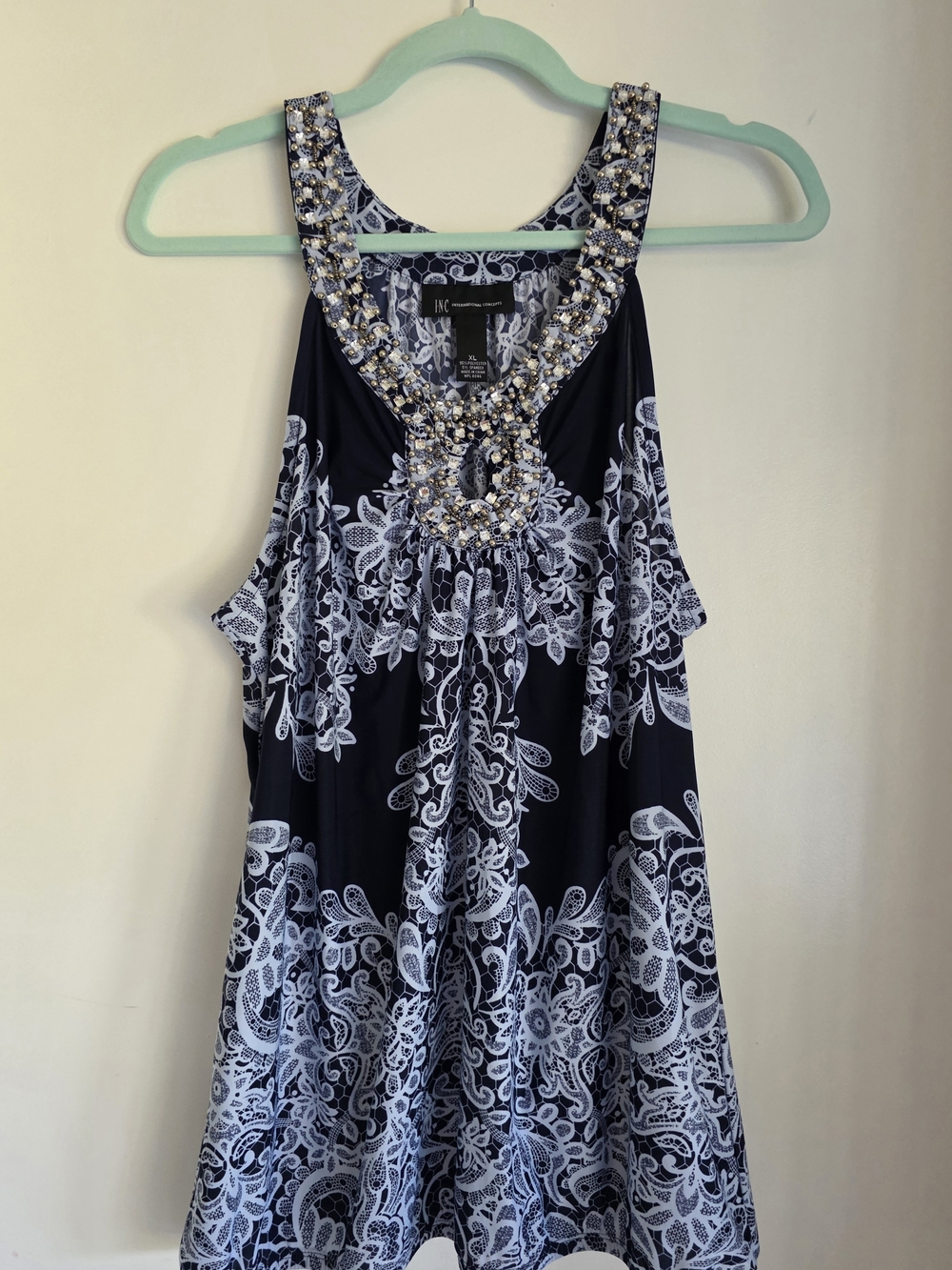 INC International Concepts Navy & White Embellished Halter Top XL